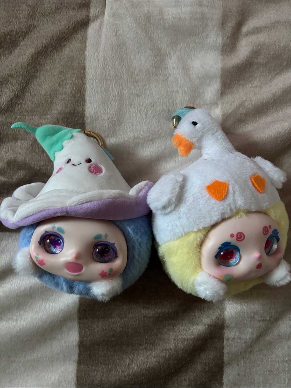 Cute Plush Face Keychain Pair - Pastel Blue & Pastel Yellow